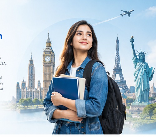 Student with international landmarks
